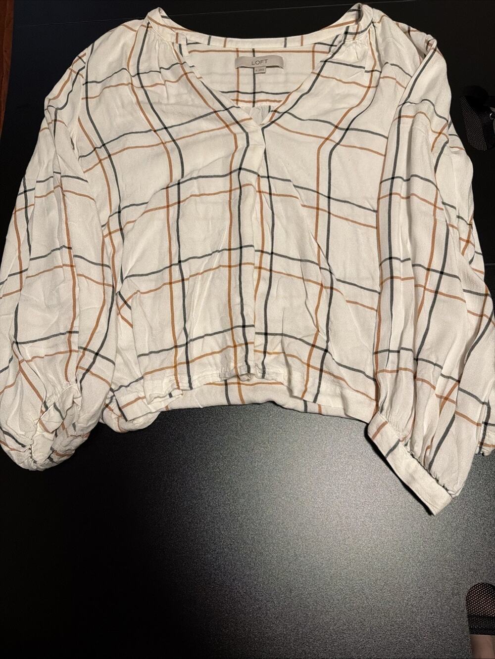 LOFT Women’s Plaid Blouse Size M Ivory Rust Black Long Sleeve Relaxed Boho Top